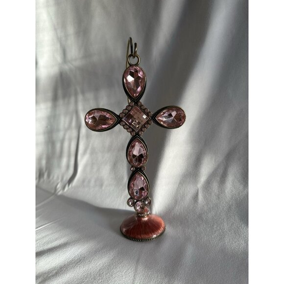 Kirklands Pink With Gold/Brass Colored Stone Cross With Pink/Metal Stand Holder - Picture 8 of 16